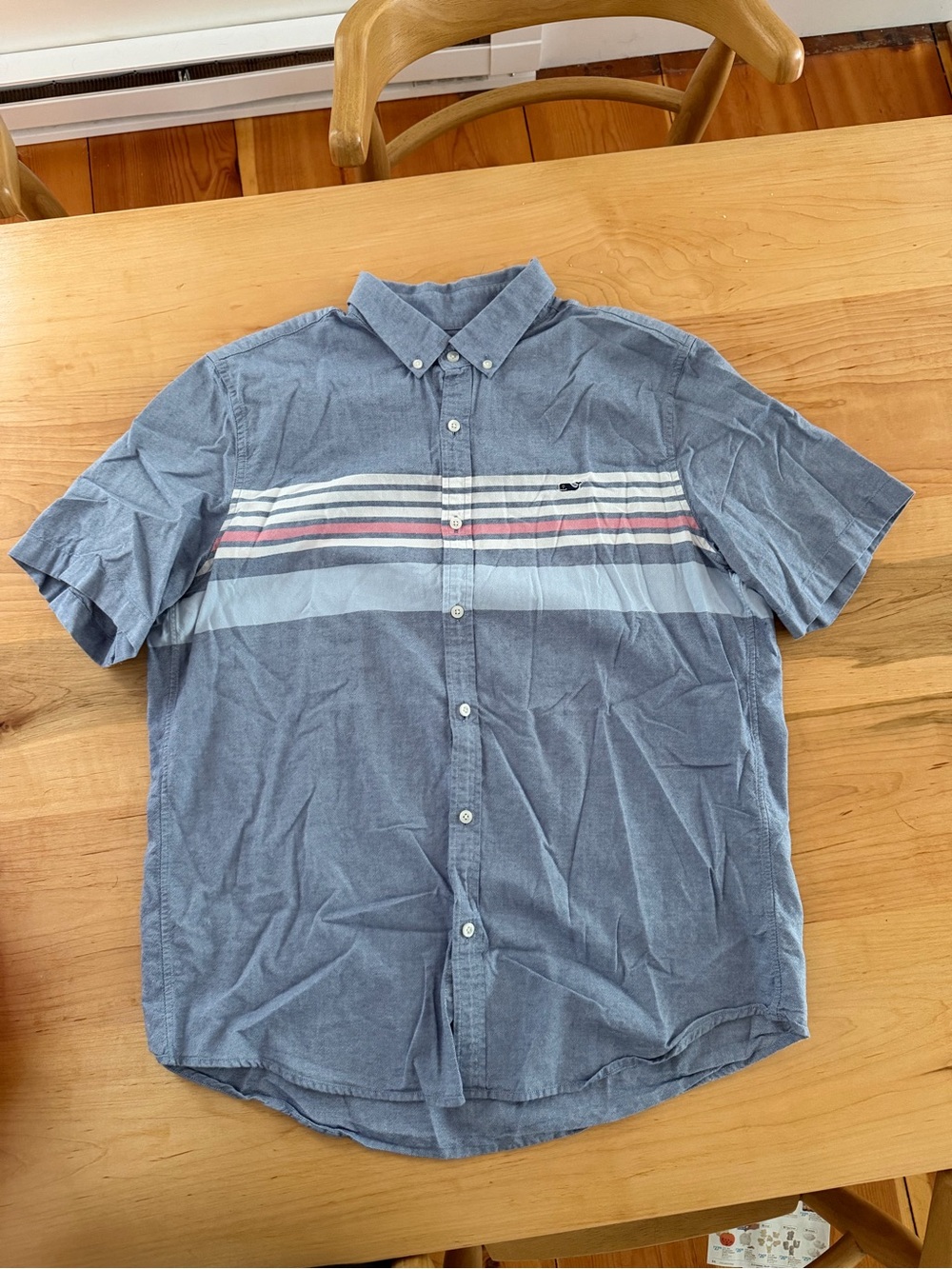 Vineyard Vines Blue Short-Sleeve Button-Down with Horizontal Stripes